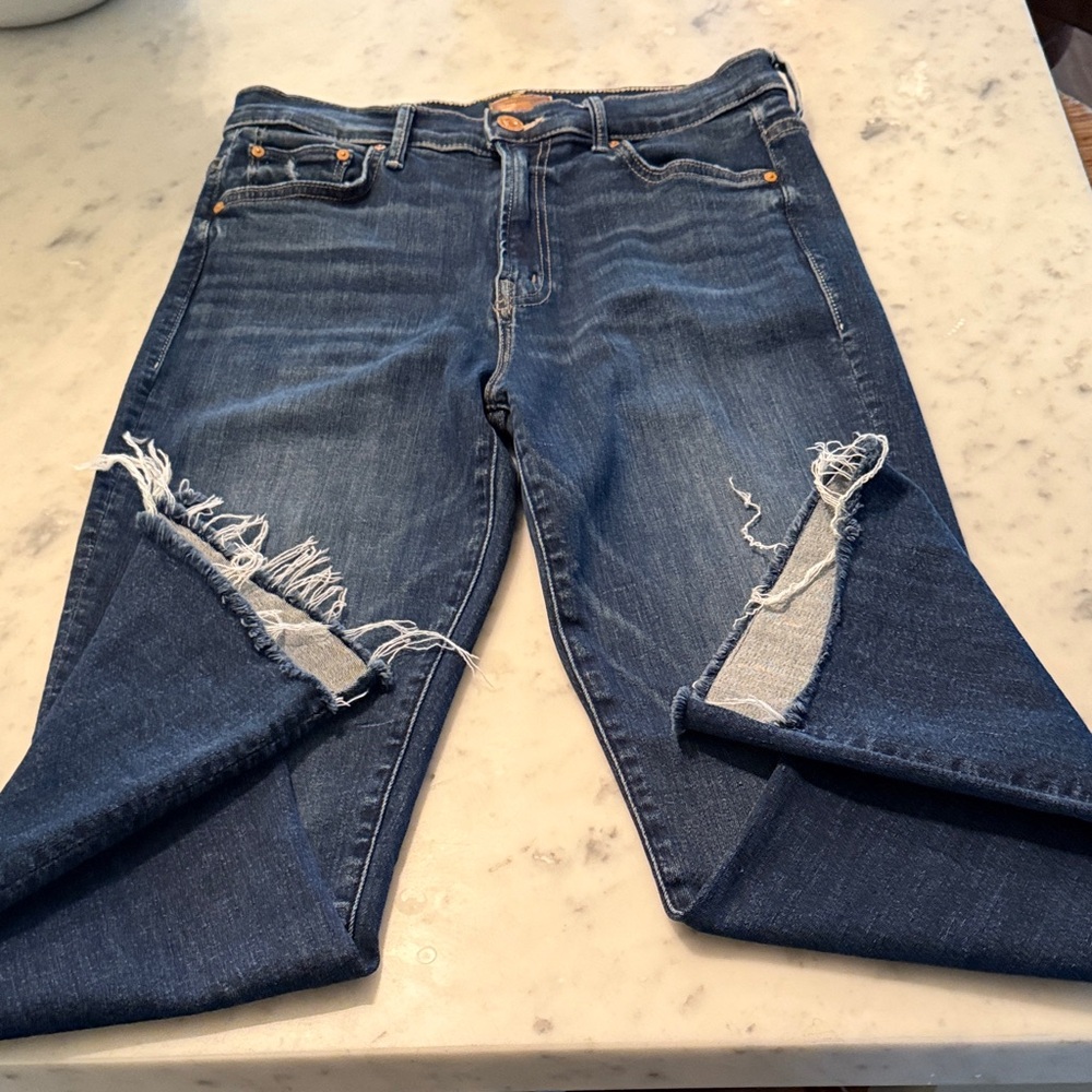 MOTHER Distressed Dark Blue Straight Leg Jeans -INSIDER CROP STEP FRAY JEANS